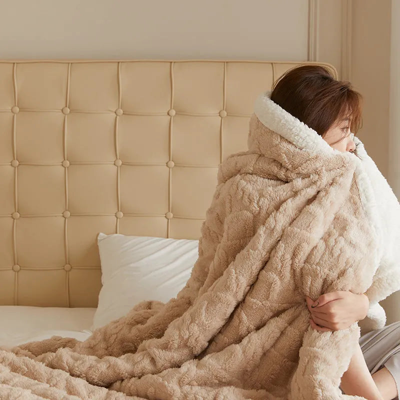 Polyester thermal flannel blanket in beige, folded to show texture and size.