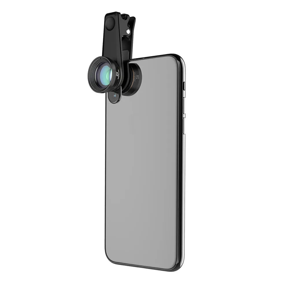 Black 6-in-1 smartphone camera lens kit with fisheye, wide-angle, telephoto, macro, CPL, and star filters on a universal clip.