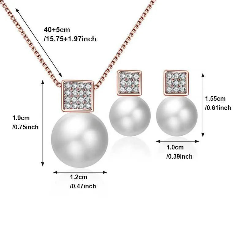 Versatile square pearl earring necklace jewellery set in rose gold with rhinestone cube details and box chain
