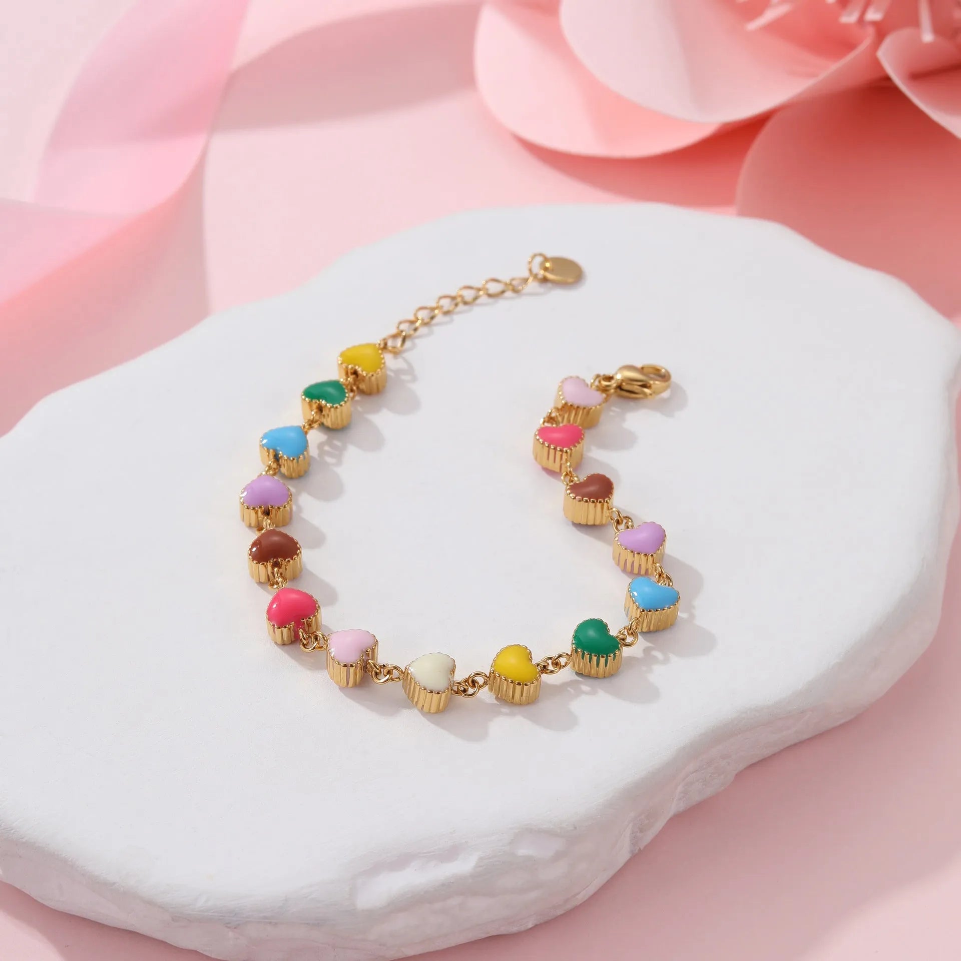 18K stainless steel heart-shaped bracelet with electroplated gold or steel finish