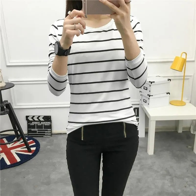 Striped loose long-sleeved T-shirt women's top in black, loose fit polyester fibre
