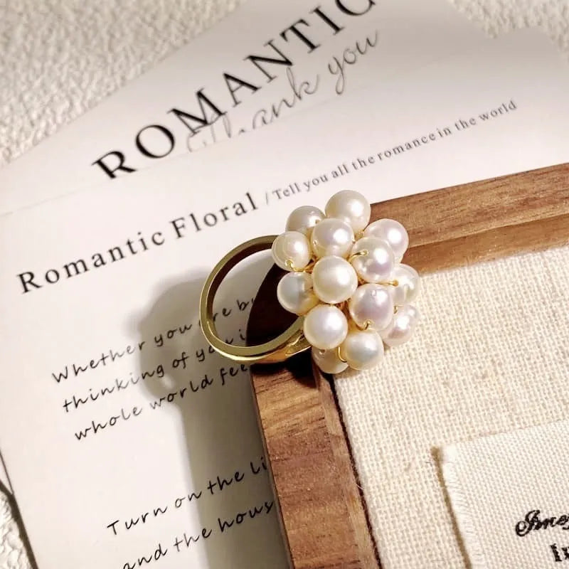 White pearl open ring geometric shape non-fading finish handmade fashion OL style on white background