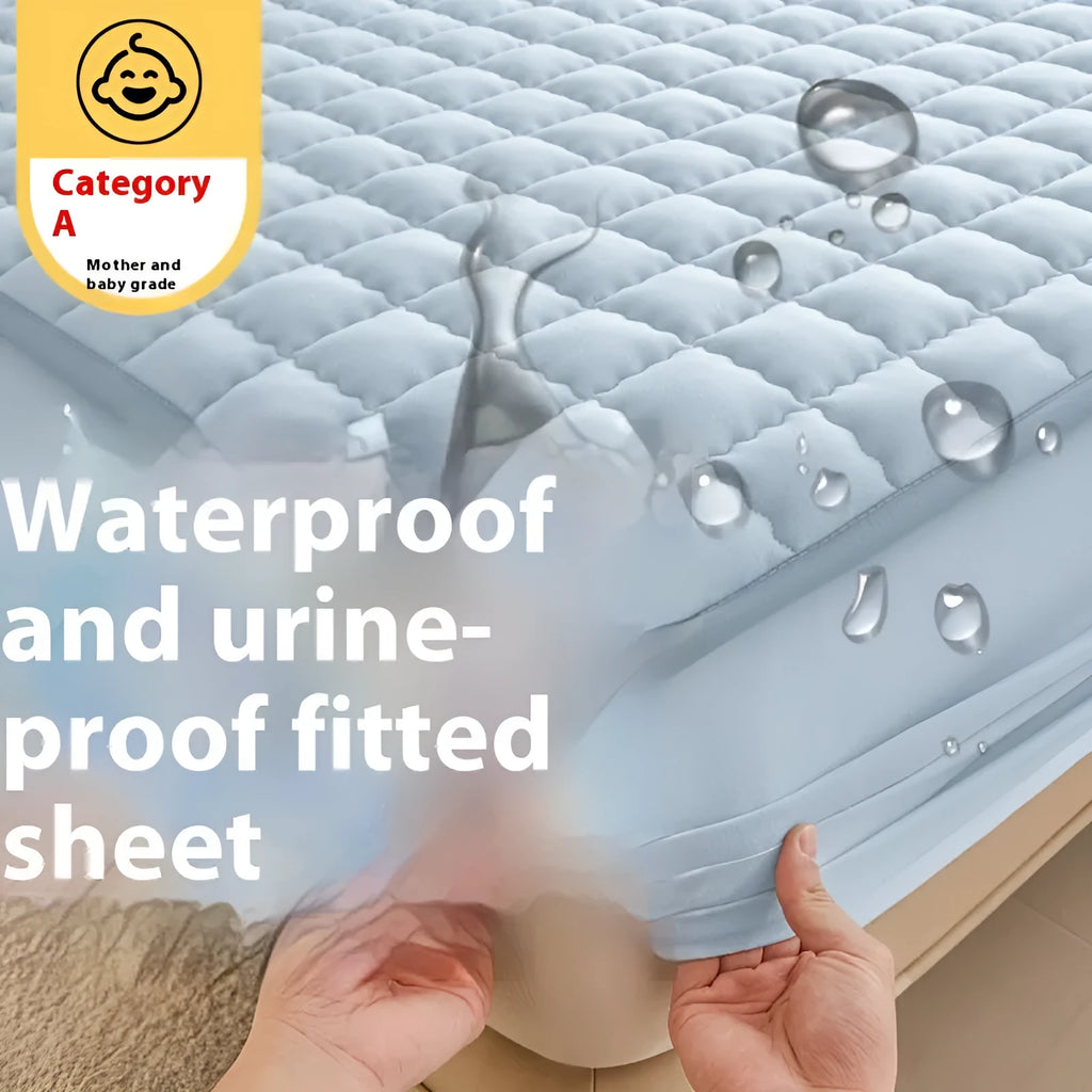 A washed cotton waterproof fitted sheet in a neutral colour, shown fitted neatly on a mattress corner.