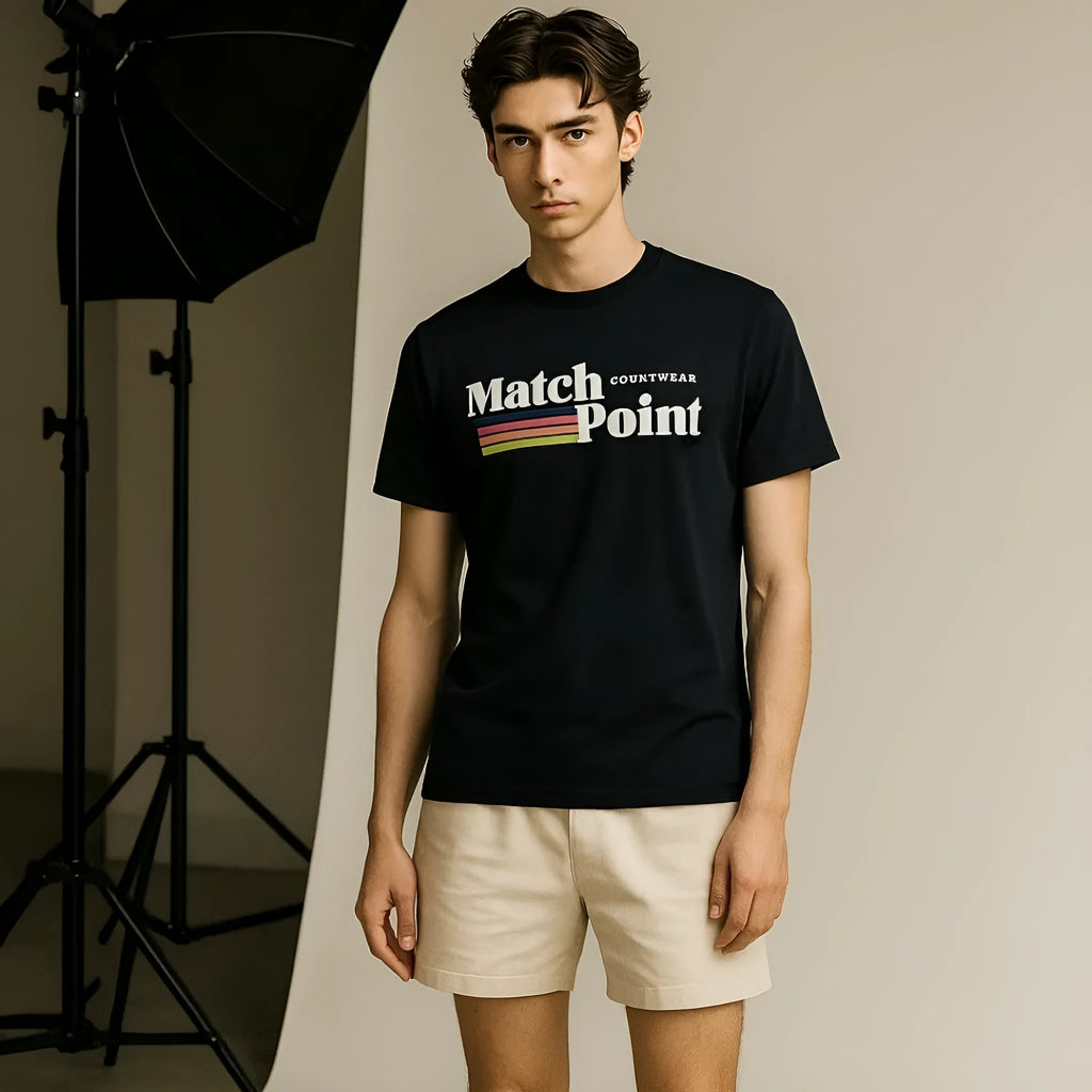 Black men's T-shirt with a 3D digital printed pattern, featuring a round neck and short sleeves.