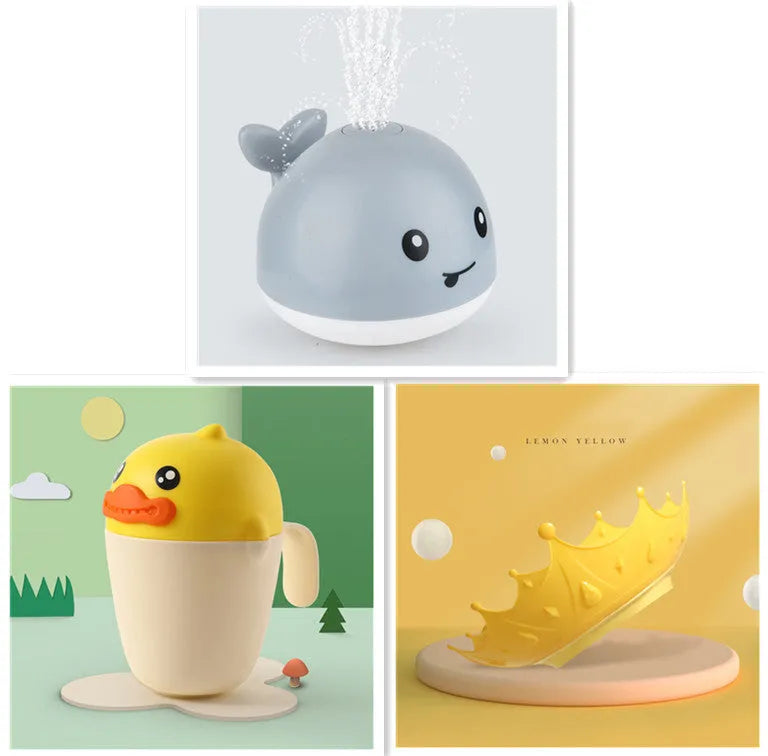 Whale-shaped electric bath toy spraying water with flashing lights, on a blue base.