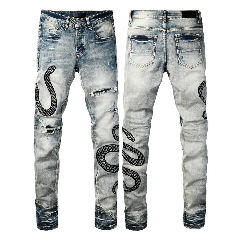 Men's blue distressed skinny jeans with a retro wash, showing a tight leg fit and button fly detail.