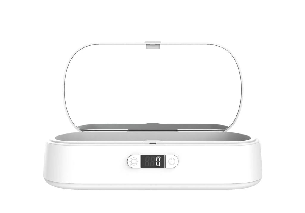 White ABS plastic wireless UV sterilizer box with disinfection chamber and wireless charging pad.