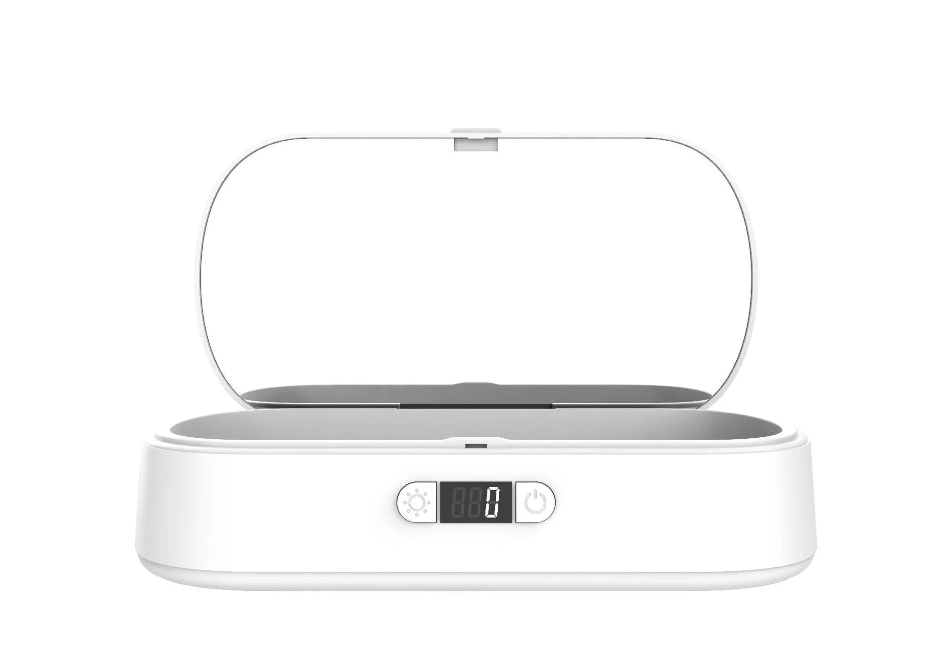 White ABS plastic wireless UV sterilizer box with disinfection chamber and wireless charging pad.