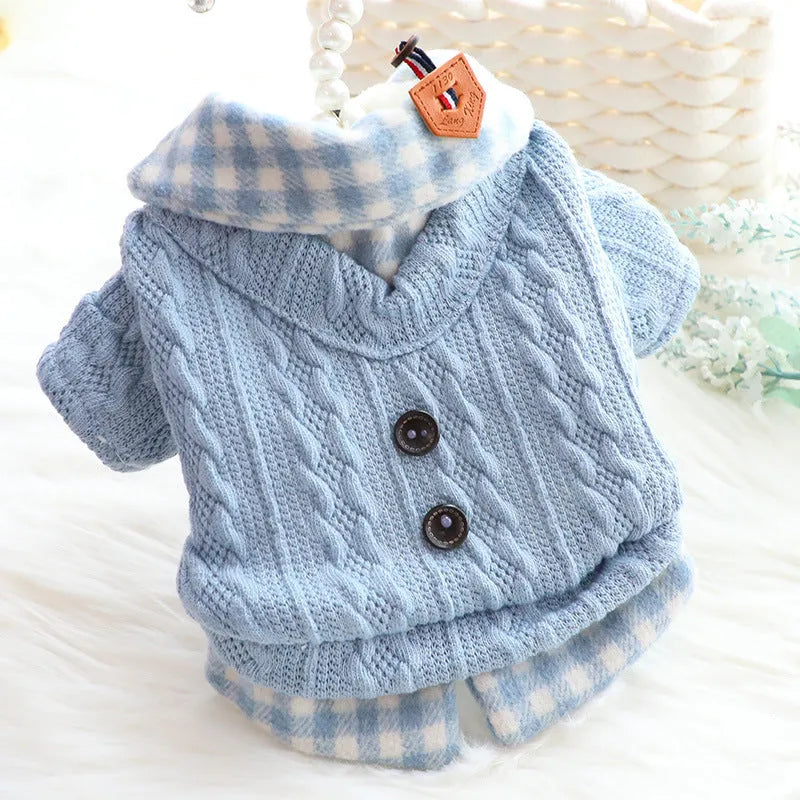 Blue wool plaid dog sweater with fleece lining shown on small dog, fake two-piece design