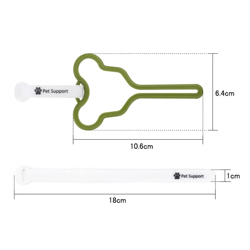 Hands-free dog poop bag holder with Velcro strap attached to a leash.