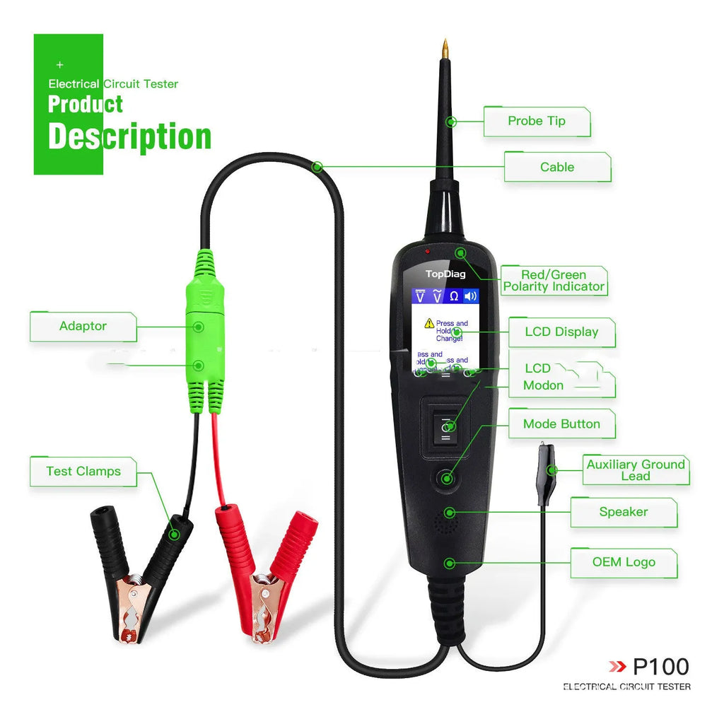 P100 black automotive circuit battery tester with OBD connector for 12V car fault diagnosis