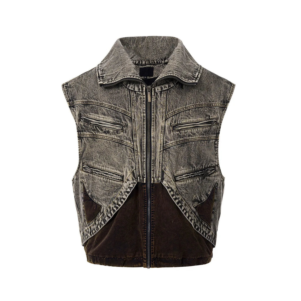 Men's sleeveless denim vest jacket with front zipper and splicing design detail.