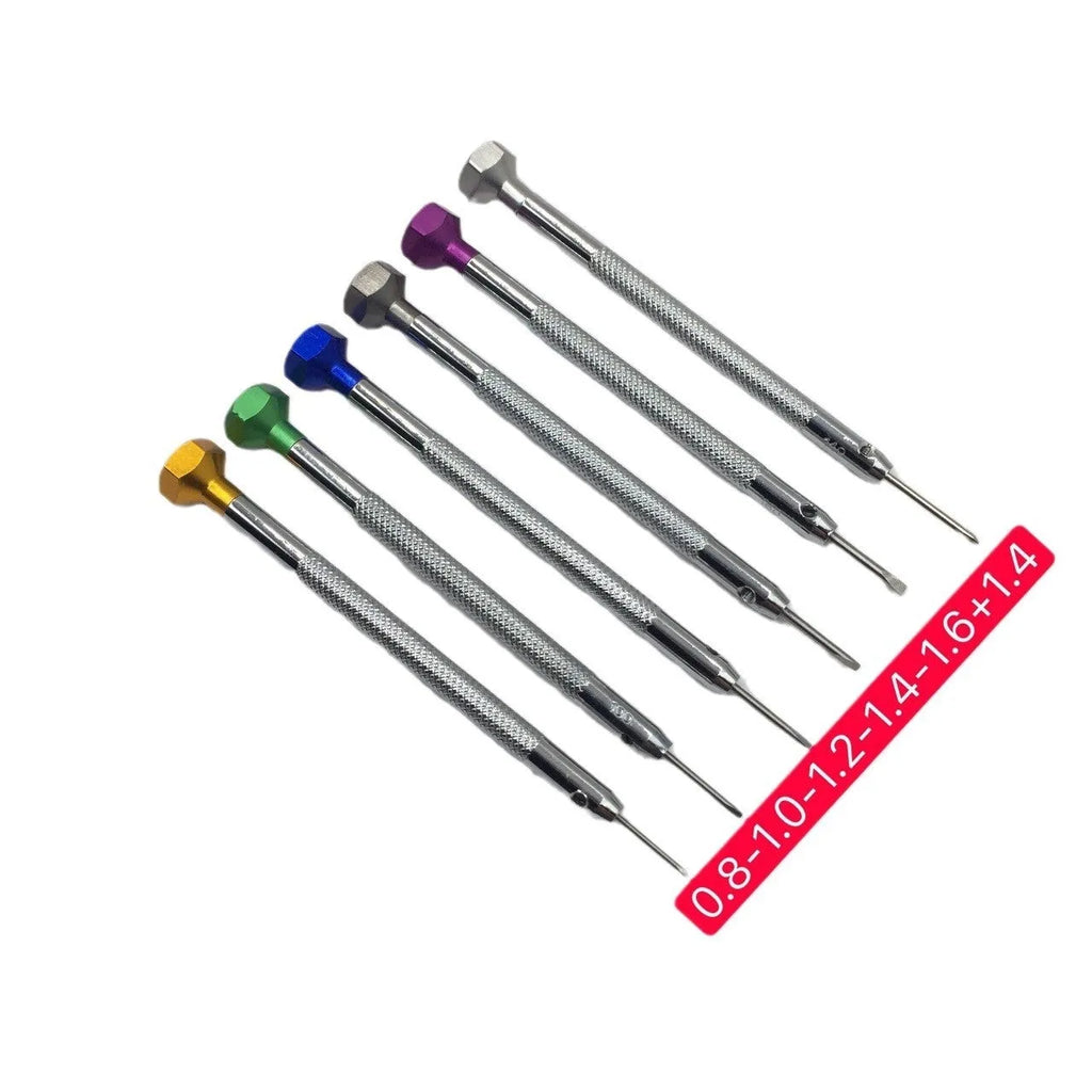 Six colour-coded watch repair screwdrivers with aluminium handles and steel cutter heads