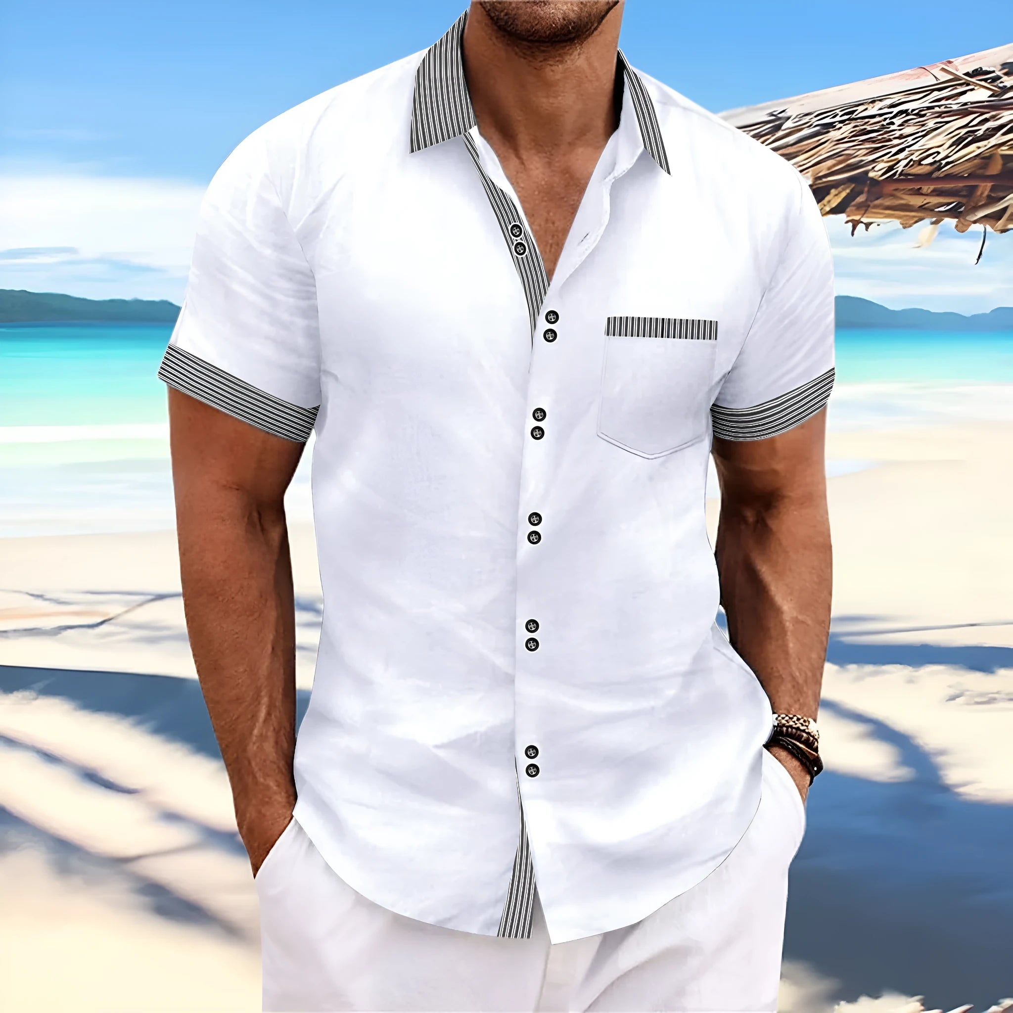 Man wearing a slim fit striped casual shirt with double button short sleeves in pure cotton.