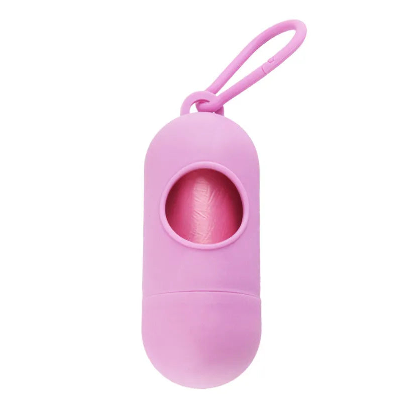 Small square dog waste bag dispenser with a metal side hook, shown in various colours.