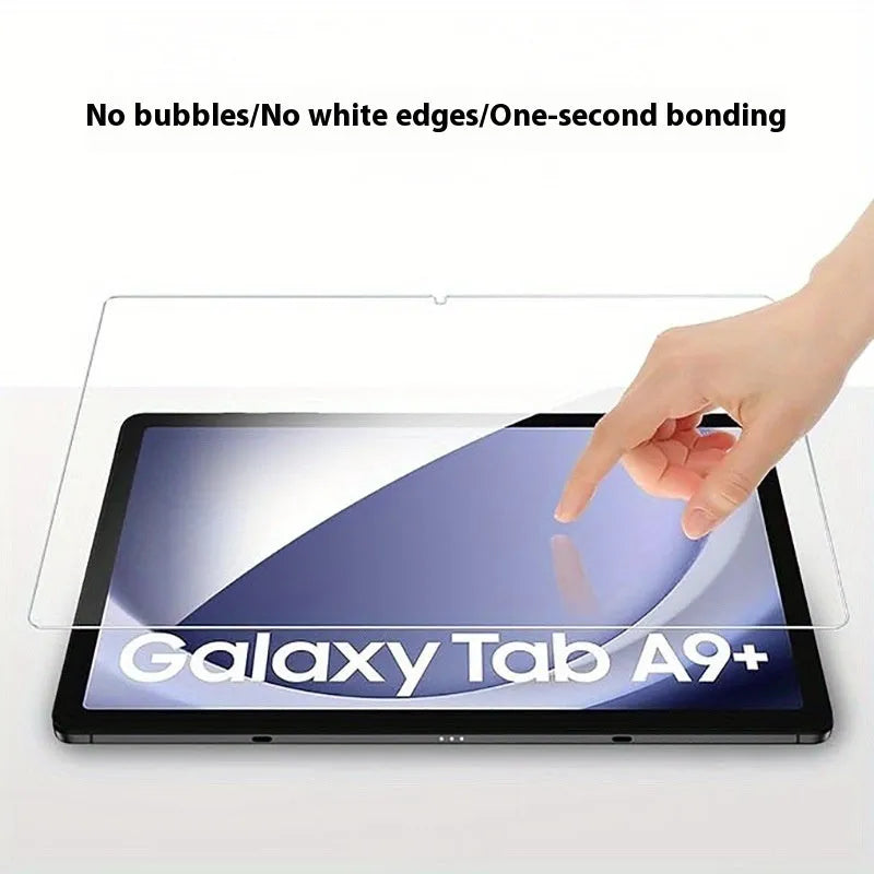 Tempered glass screen protector for Samsung Galaxy tablet showing HD clarity and full coverage.