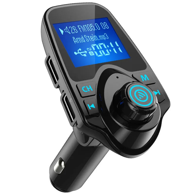 Black car Bluetooth FM transmitter and hands-free kit plugged into a 12V socket.