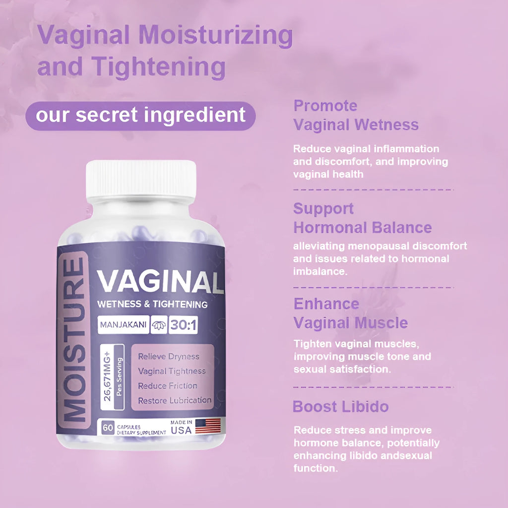 Bottle of 60 vaginal capsules for adult women's feminine wellness supplement