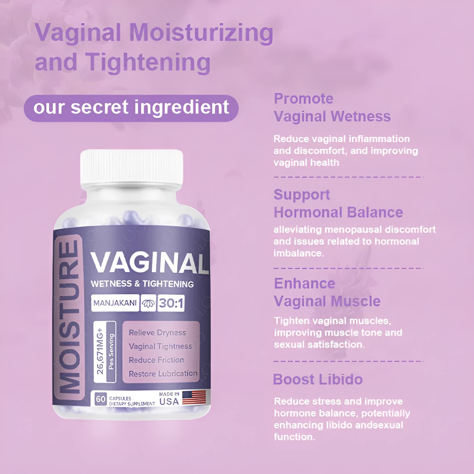Bottle of 60 vaginal capsules for adult women's feminine wellness supplement