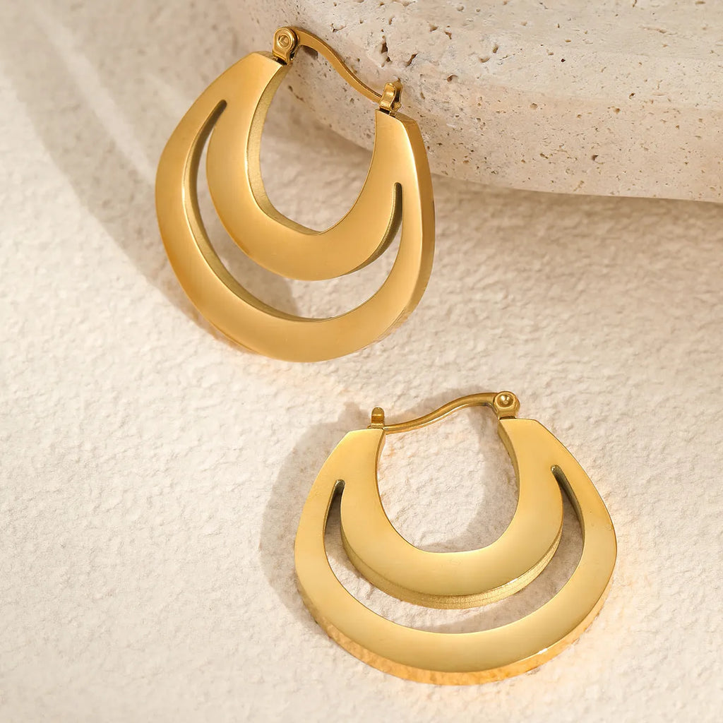 Geometric French earrings with round ring elements in 18K gold plated stainless steel, gold and steel colour options