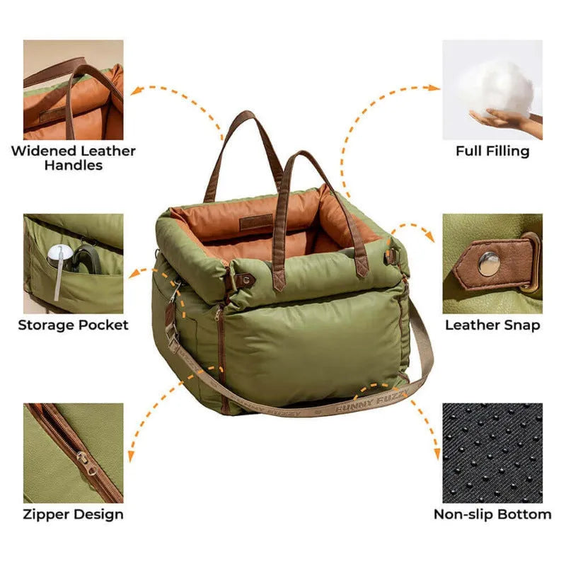 Green waterproof dog car bed with removable washable cover, shown on a car seat.