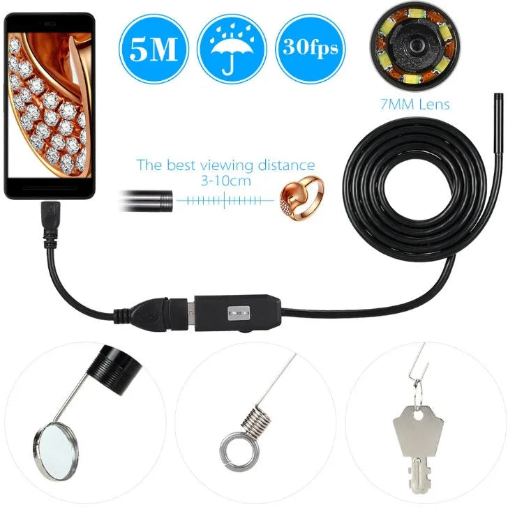 OWSOO USB endoscope camera with 5m cable, small hook, magnet, and side audition tools on a table.
