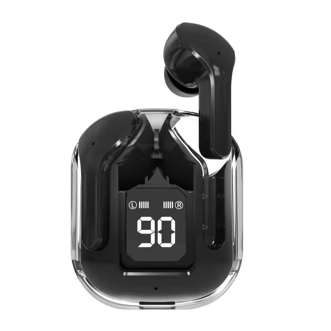 Transparent space capsule case containing true wireless Bluetooth earbuds with digital display screen