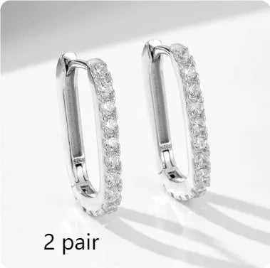 S925 sterling silver oval zircon ear clips with geometric quadrilateral design