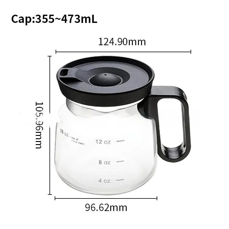 Transparent borosilicate glass coffee maker with silicone cover showing 355-473ml capacity range