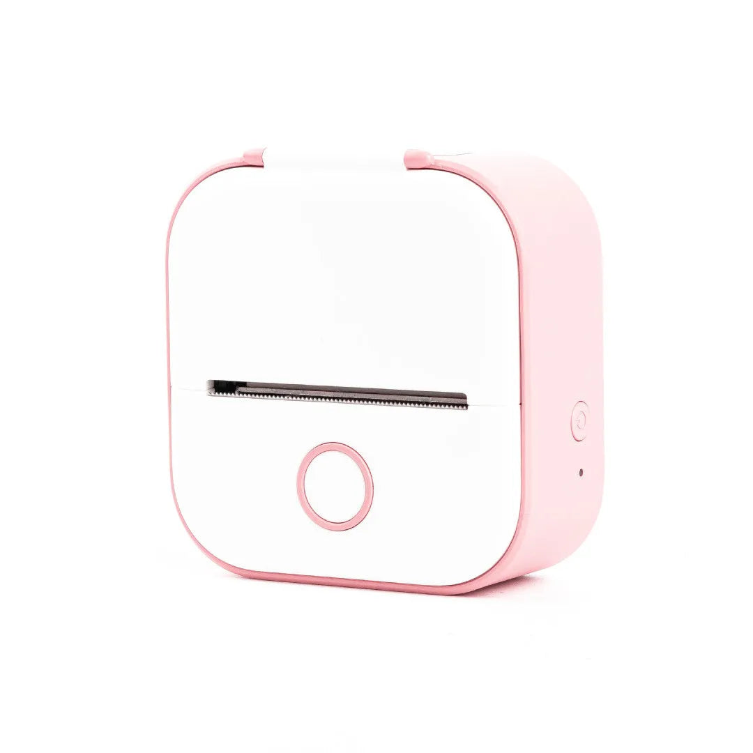 Phomemo T02 mini thermal label printer in white with Bluetooth icon and thermal paper roll, compact 87mm x 90mm x 40mm