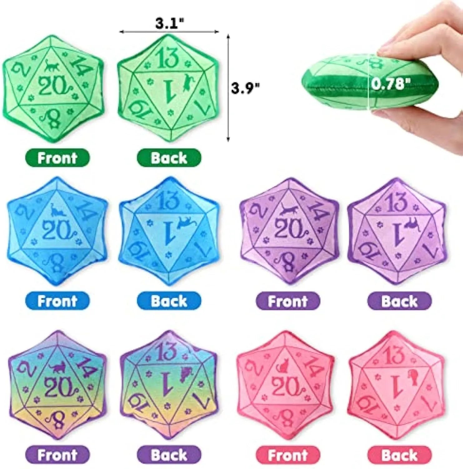 Dice-shaped plush catnip toy in various colours for DND tabletop game cat play