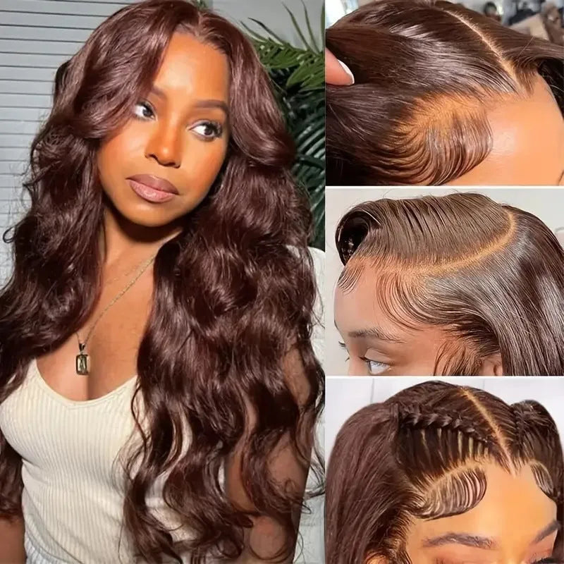 Dark brown long curly synthetic wig with side bangs and a lace front.