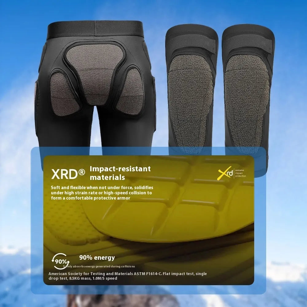 X-ray diffraction ski protective gear showing hip pads and knee pads with sizing options