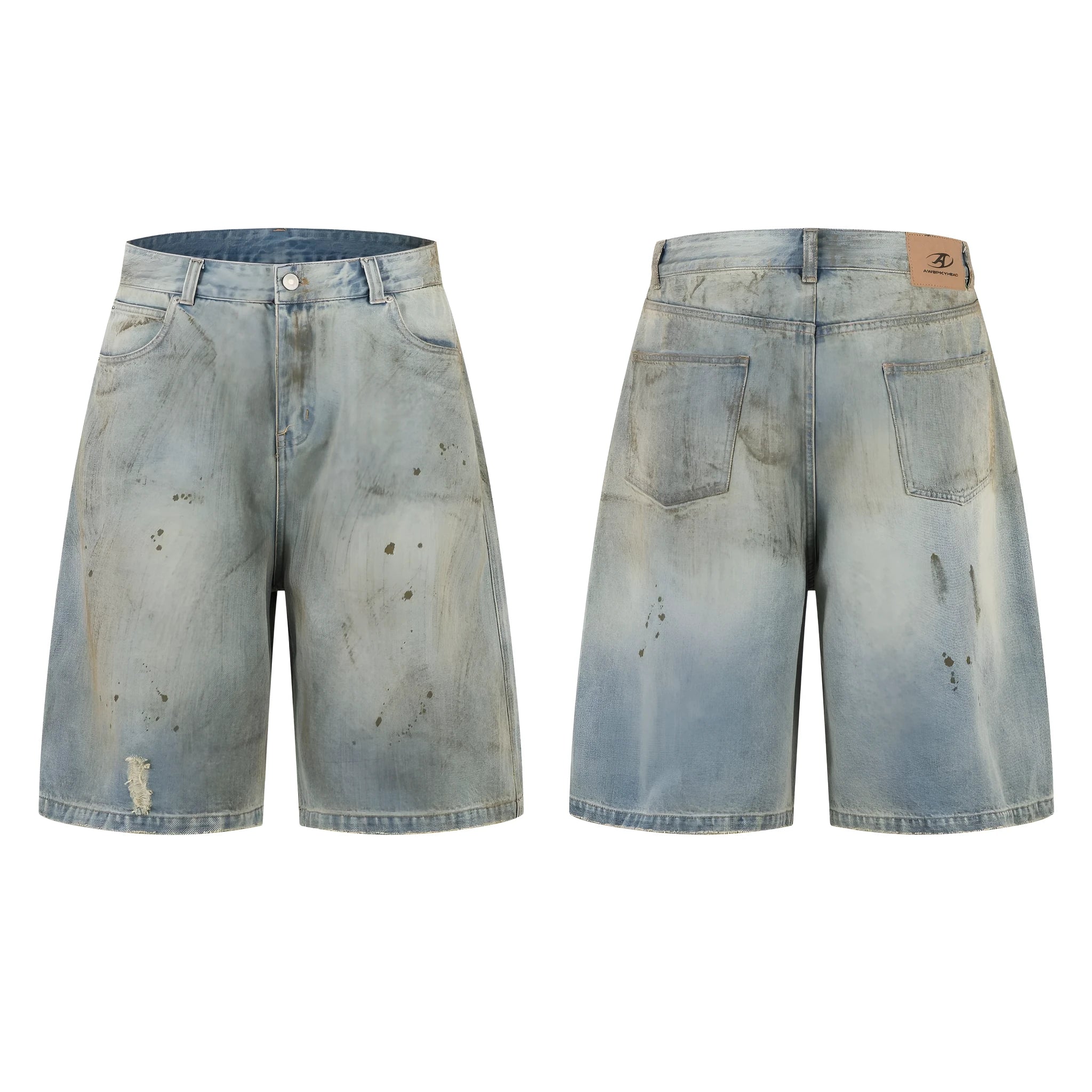Men's blue cropped denim jeans with straight leg design and zipper fly in street fashion style