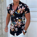 Man wearing a loose-fit floral print short sleeve cardigan shirt in a casual setting.