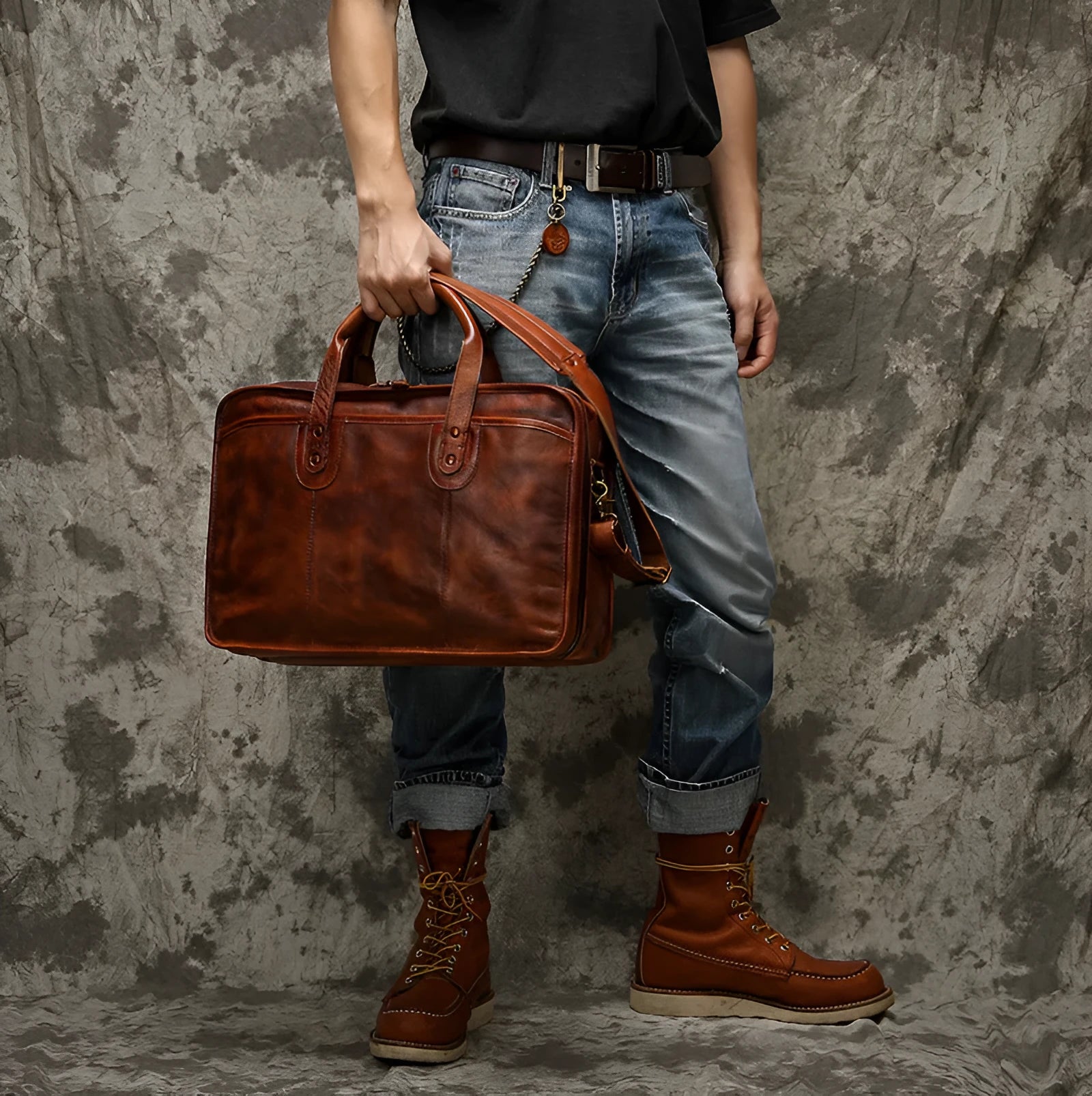 Men's vintage leather briefcase in black showing internal organisation pockets and 42cm width