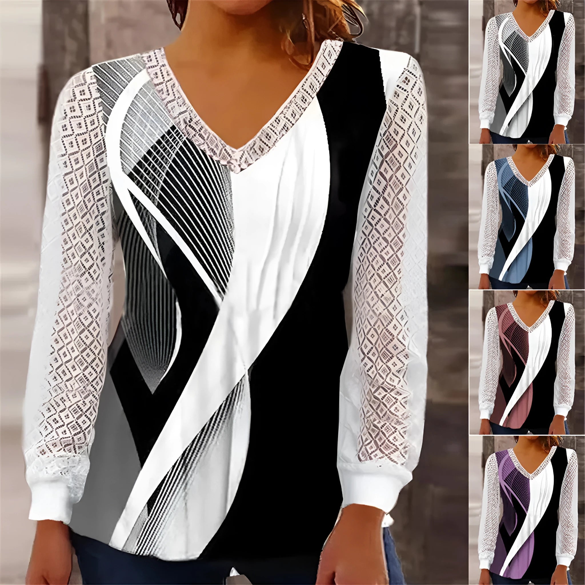 Purple loose V-neck women's top with a white hollow-out lace print pattern and long sleeves.