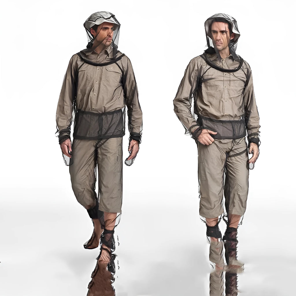 Four-piece anti-mosquito suit with hooded top, pants, and booties for outdoor summer activities