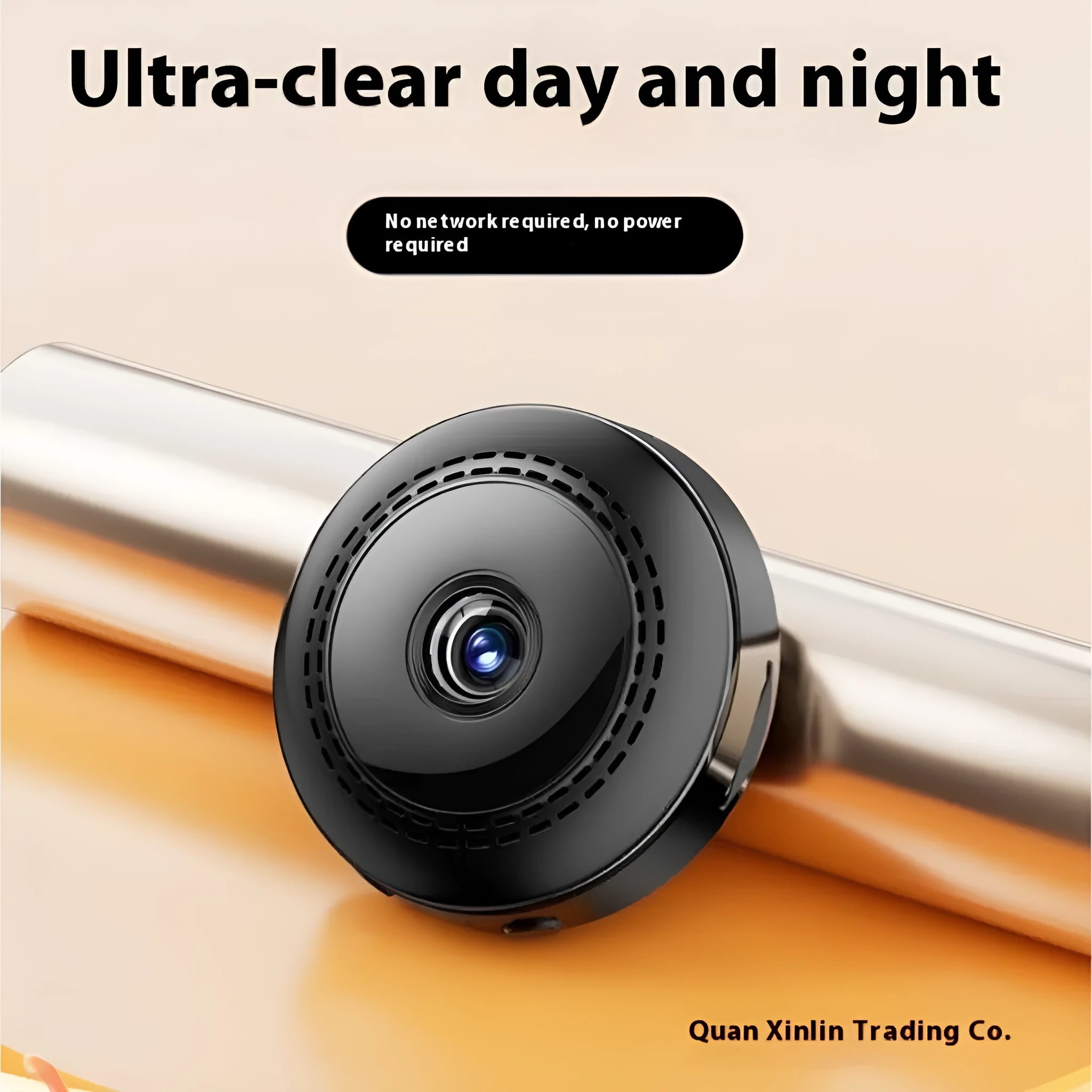 Wireless 360-degree rotating security camera on a stand with HD night vision.