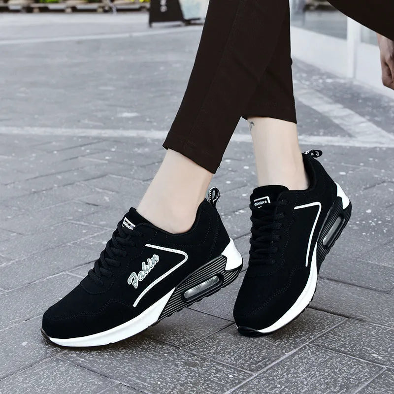 Women's spring leather air cushion sports shoes, flat heel, low top, lace-up, available in black pink and black purple colourways