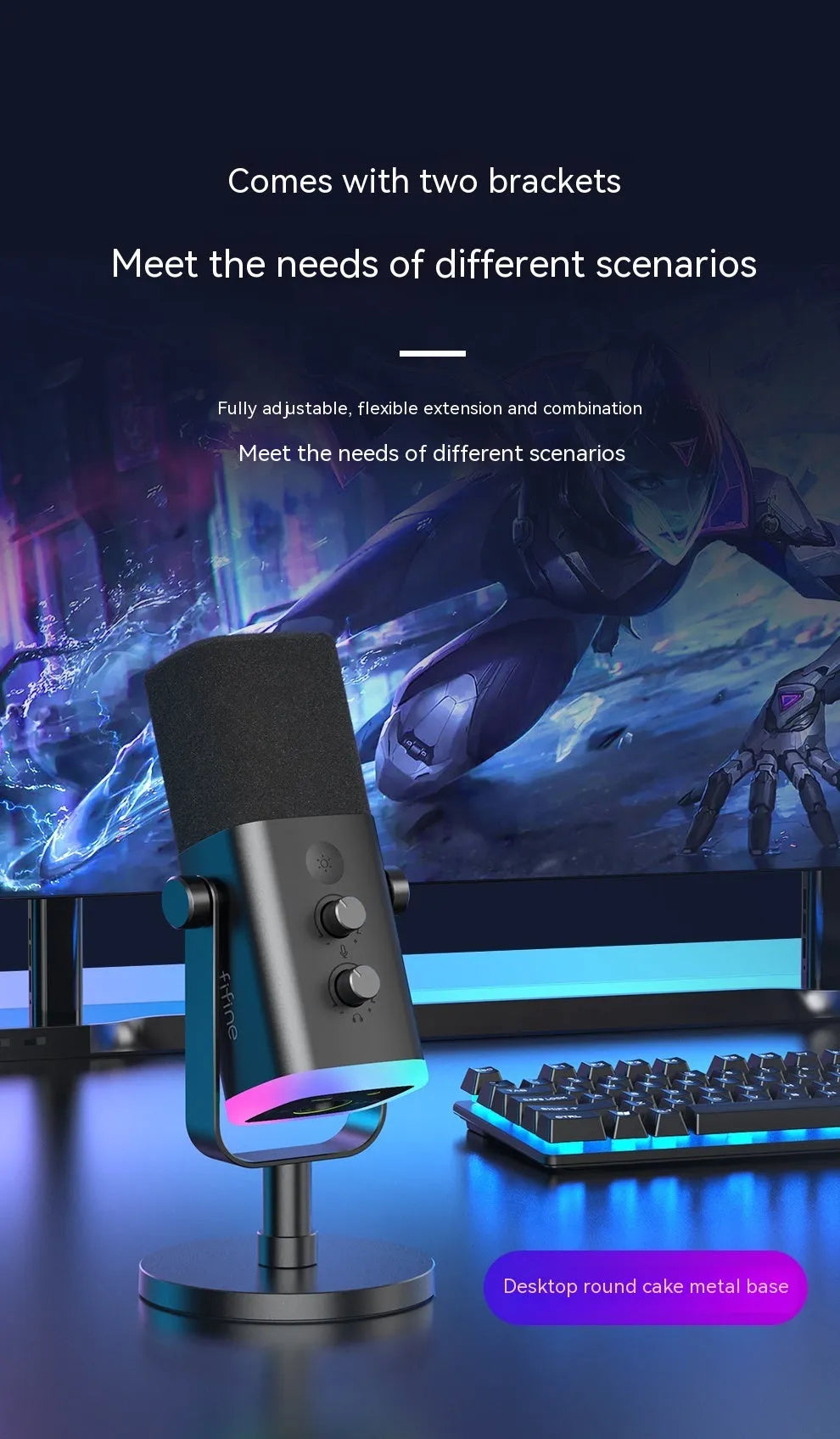 Dynamic noise reduction microphone in black, pink, or white with XLR cable and desktop base.