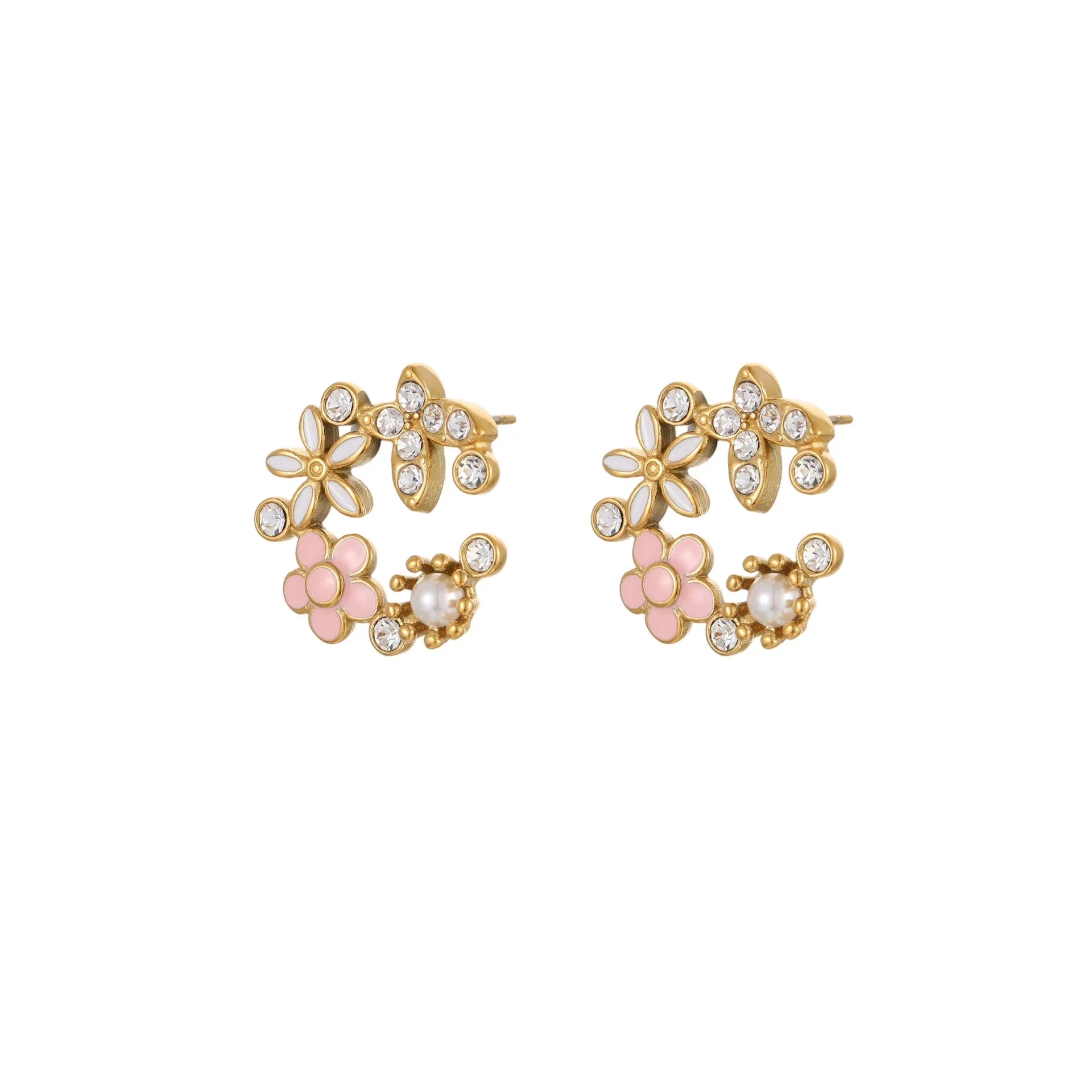 Flower stud earrings with petal design in colourful pattern, stainless steel with 18K gold electroplating