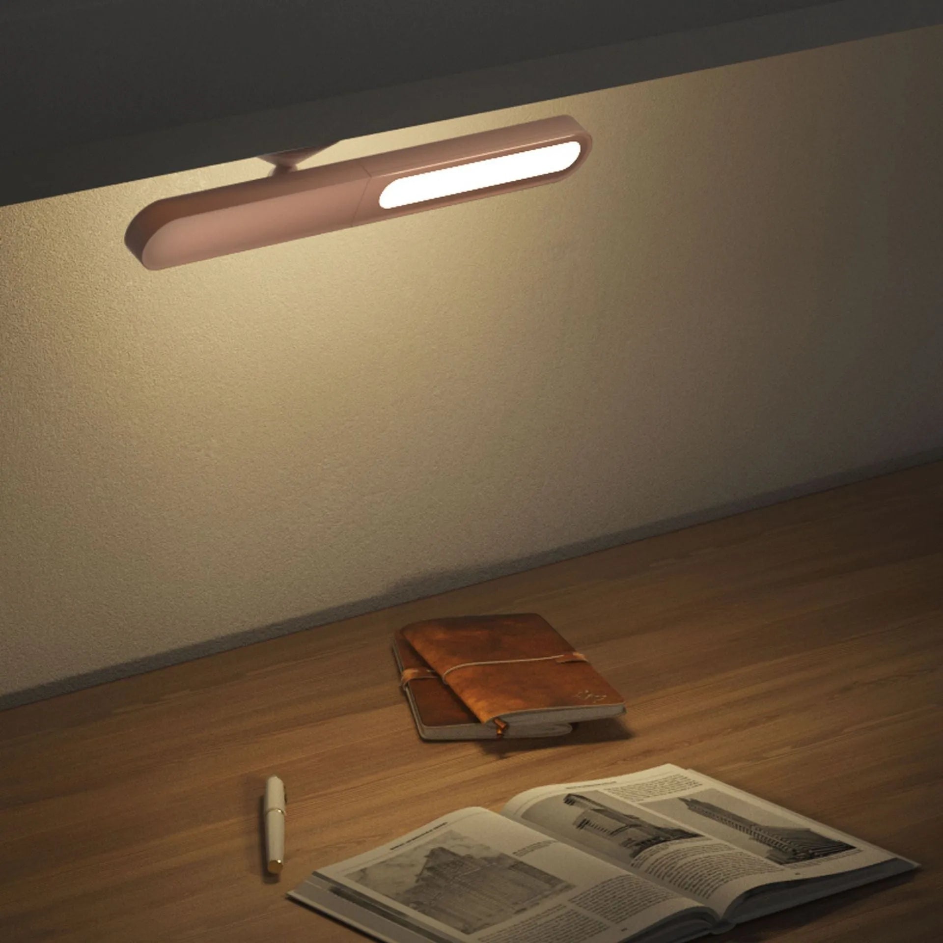 Geometric desk lamp with magnetic base in white or khaki colour