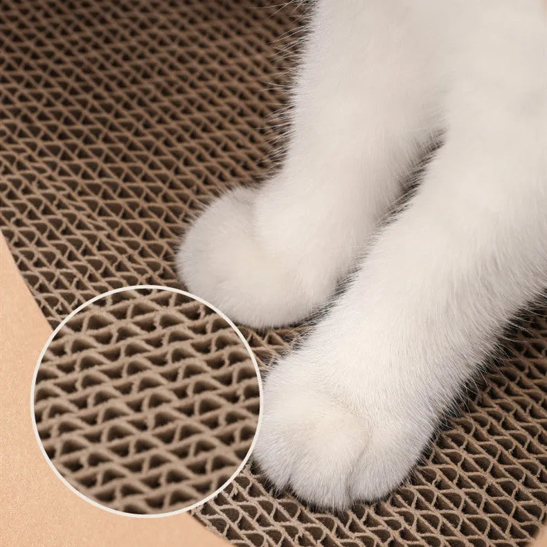 Brown cat nest paper bag with integrated scratch board and cardboard tunnel, dimensions 40cm by 30cm by 53cm.