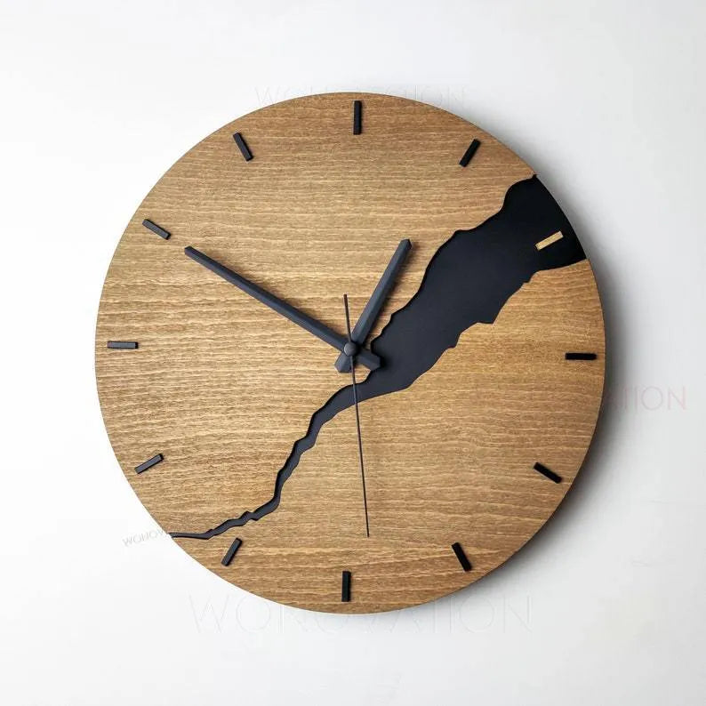 Modern wooden wall clock with creative crack finish and silent quartz movement for home decor