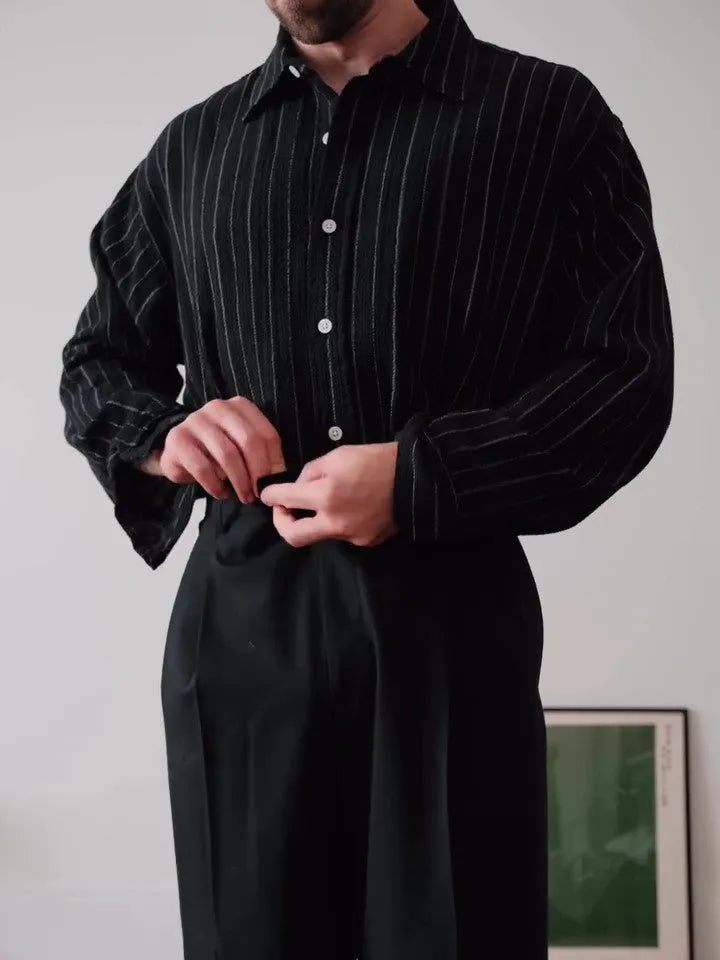 Men's black pinstripe button-down shirt with long sleeves and a regular fit