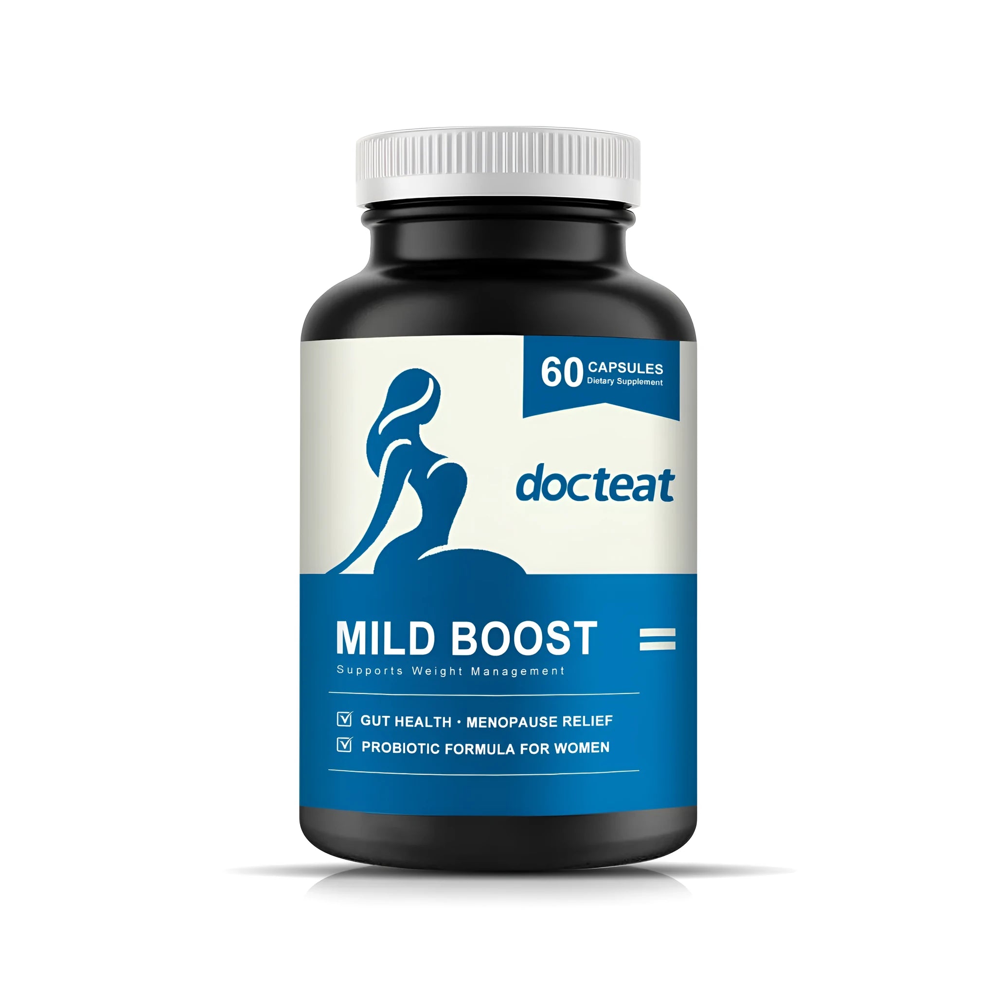 Bottle of 60 dietary supplement capsules containing probiotic blend, turmeric, and moringa extracts.