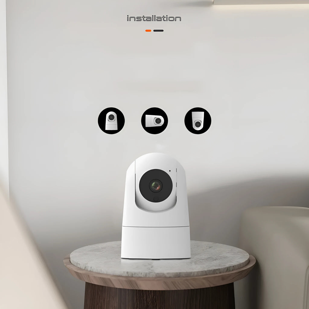 White indoor security camera with pan/tilt base on a shelf, showing wall mount screws.