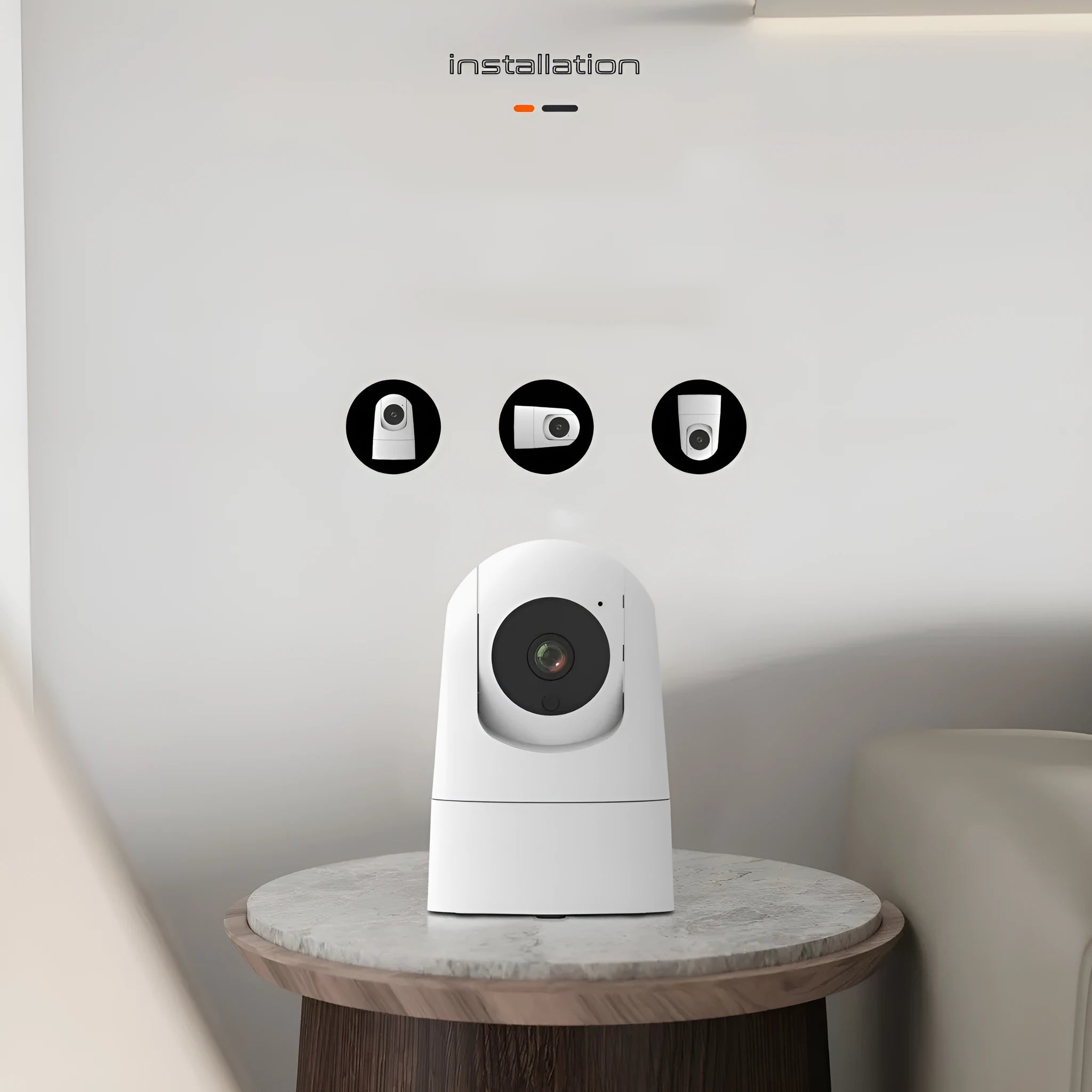 White indoor security camera with pan/tilt base on a shelf, showing wall mount screws.