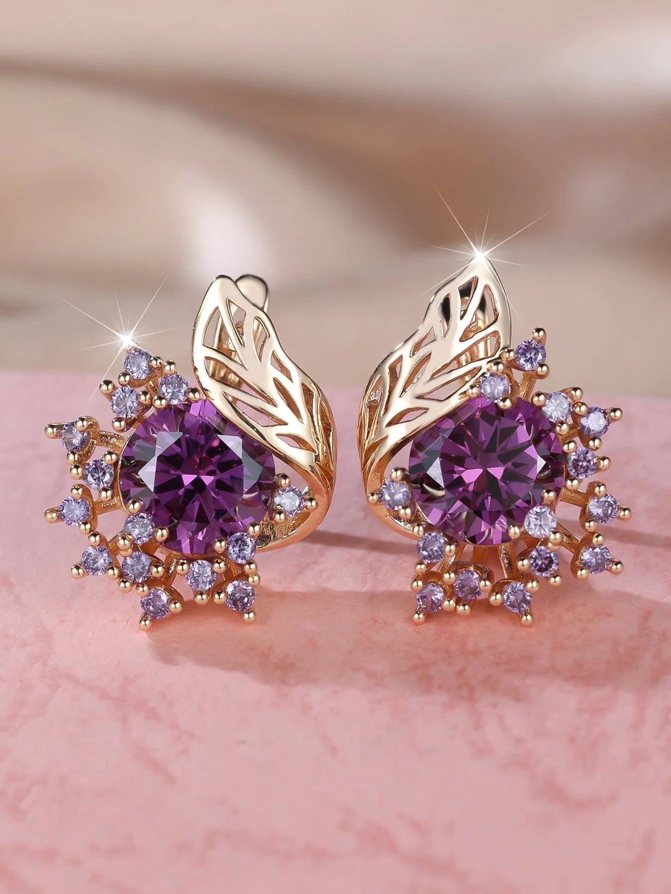 Round flowers feather zircon earrings in rose gold electroplated finish with multiple diamond colour options